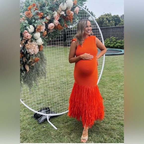 SUPER RARE  Aje Raffia Trimmed Ribbed Stretch Knit Midi Dress Orange Size XXS. - Picture 3 of 12